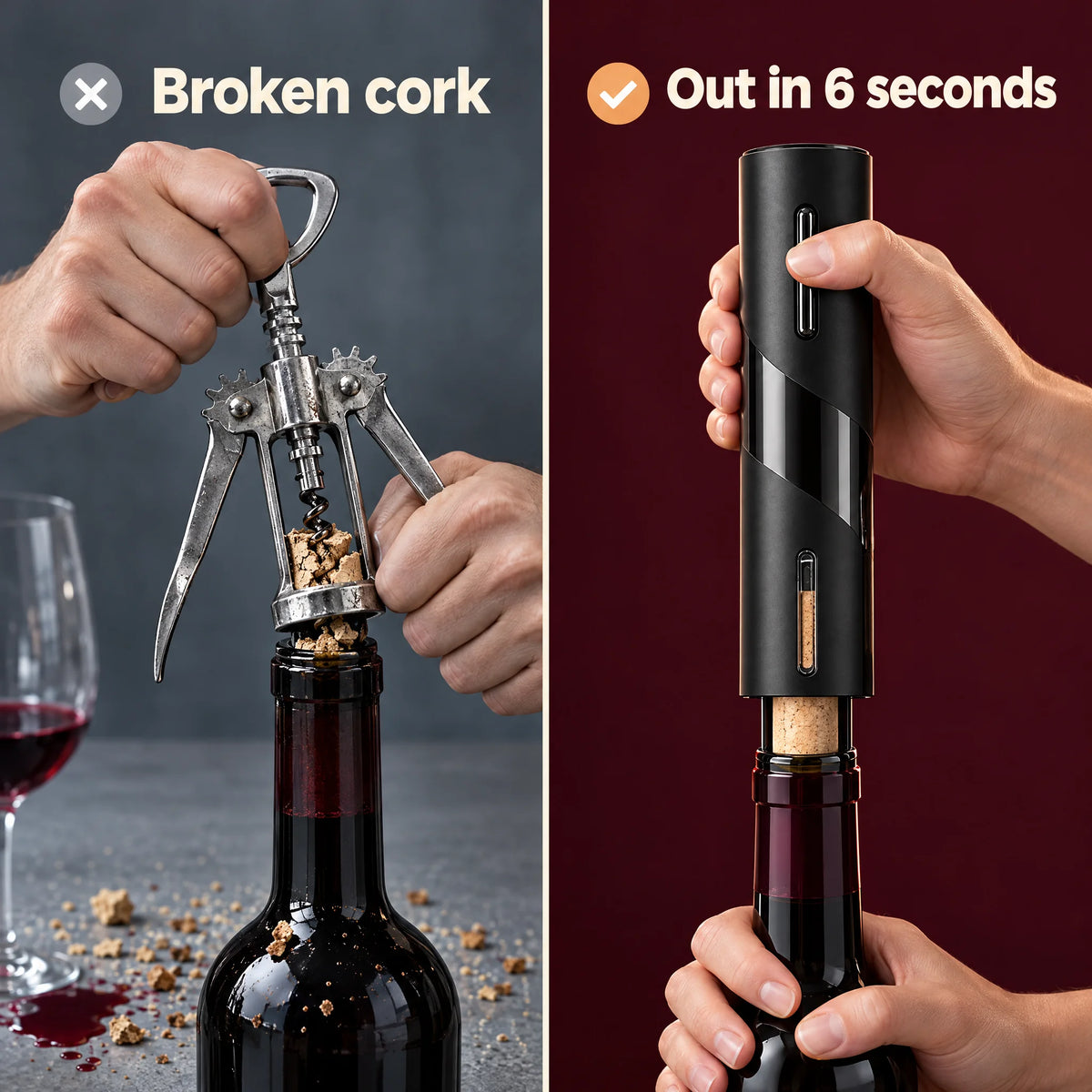 Old corkscrew breaks the cork; the electric wine opener takes it out whole in 6 seconds