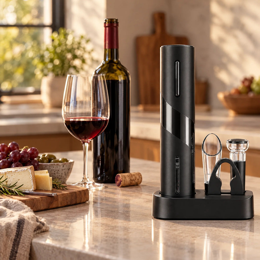 Electric wine opener set on a kitchen counter next to a glass of red wine