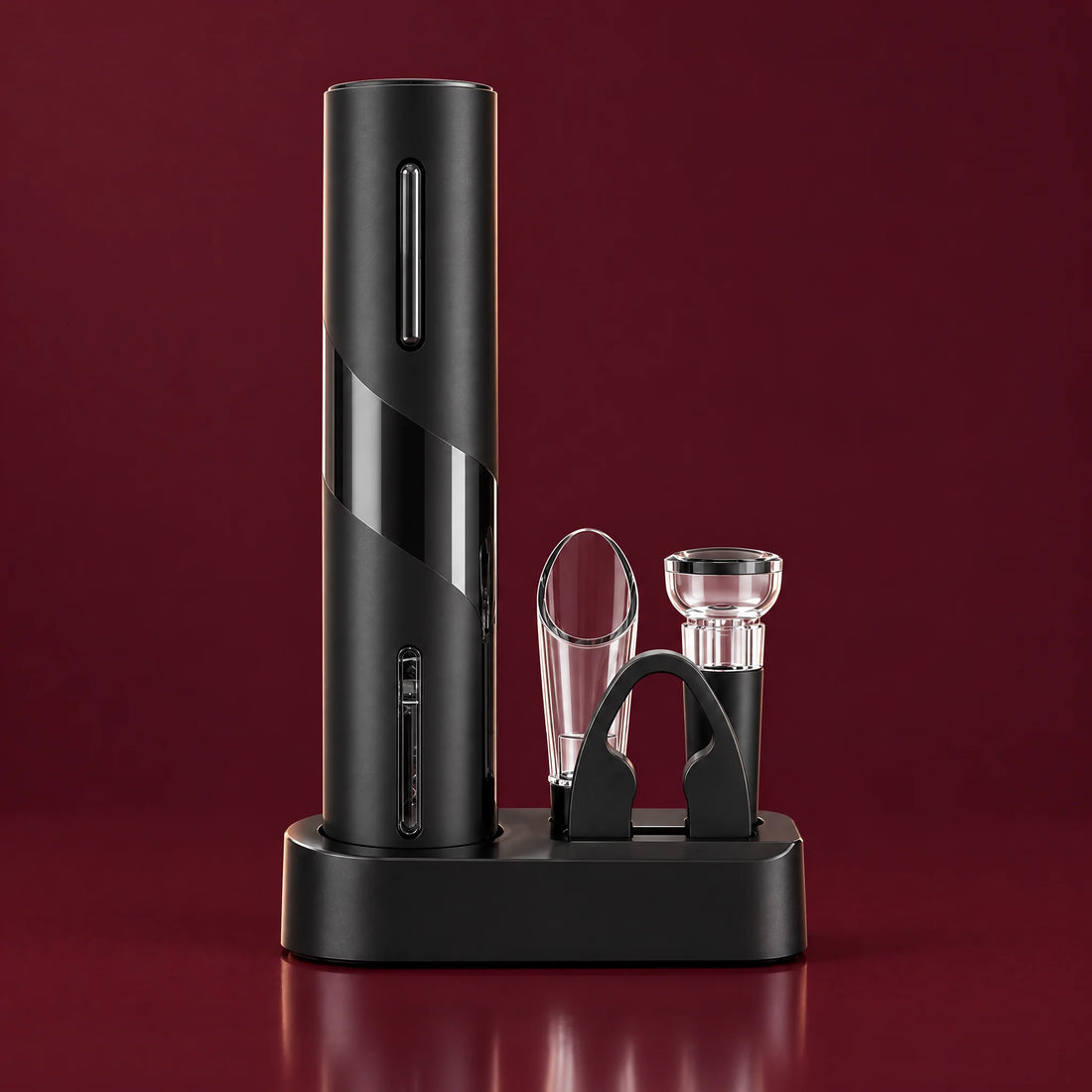 Electric wine opener on its charging stand with pourer, vacuum stopper and foil cutter