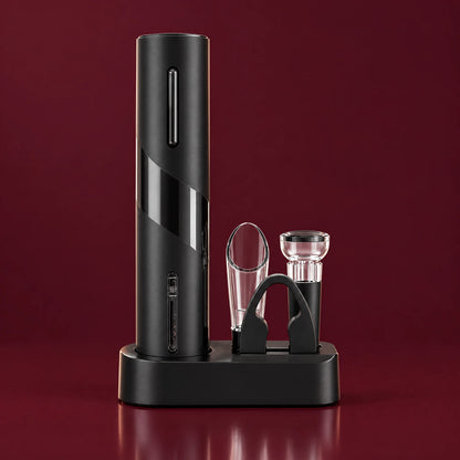 Electric wine opener on its charging stand with pourer, vacuum stopper and foil cutter