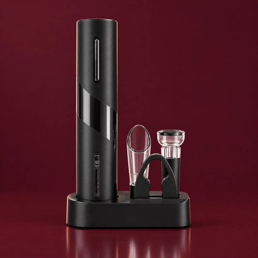Electric wine opener on its charging stand with pourer, vacuum stopper and foil cutter