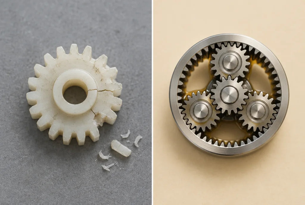 Plastic gears next to Steel planetary gears